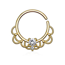 Load image into Gallery viewer, 16g Cubic Zirconia Centered Filigree Seamless Hoop - Gold
