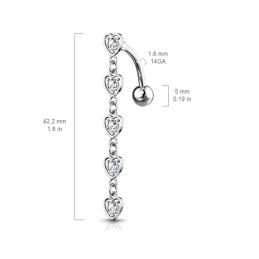14g 5 Heart Drop Dangle Navel Ring - Steel