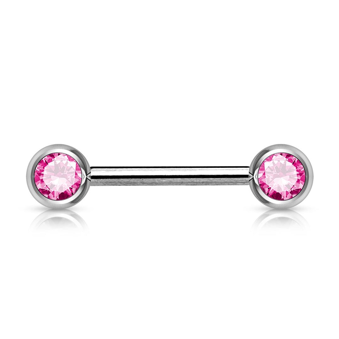 14g Double Front Facing Gem Nipple Barbell - Single - Pink