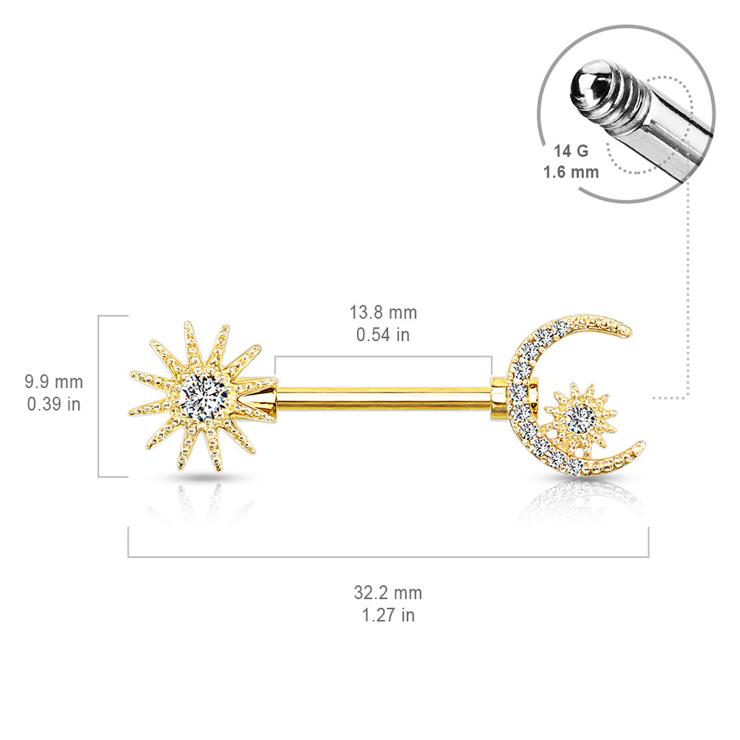 14g Moon & Sun Nipple Bar - Single - Gold