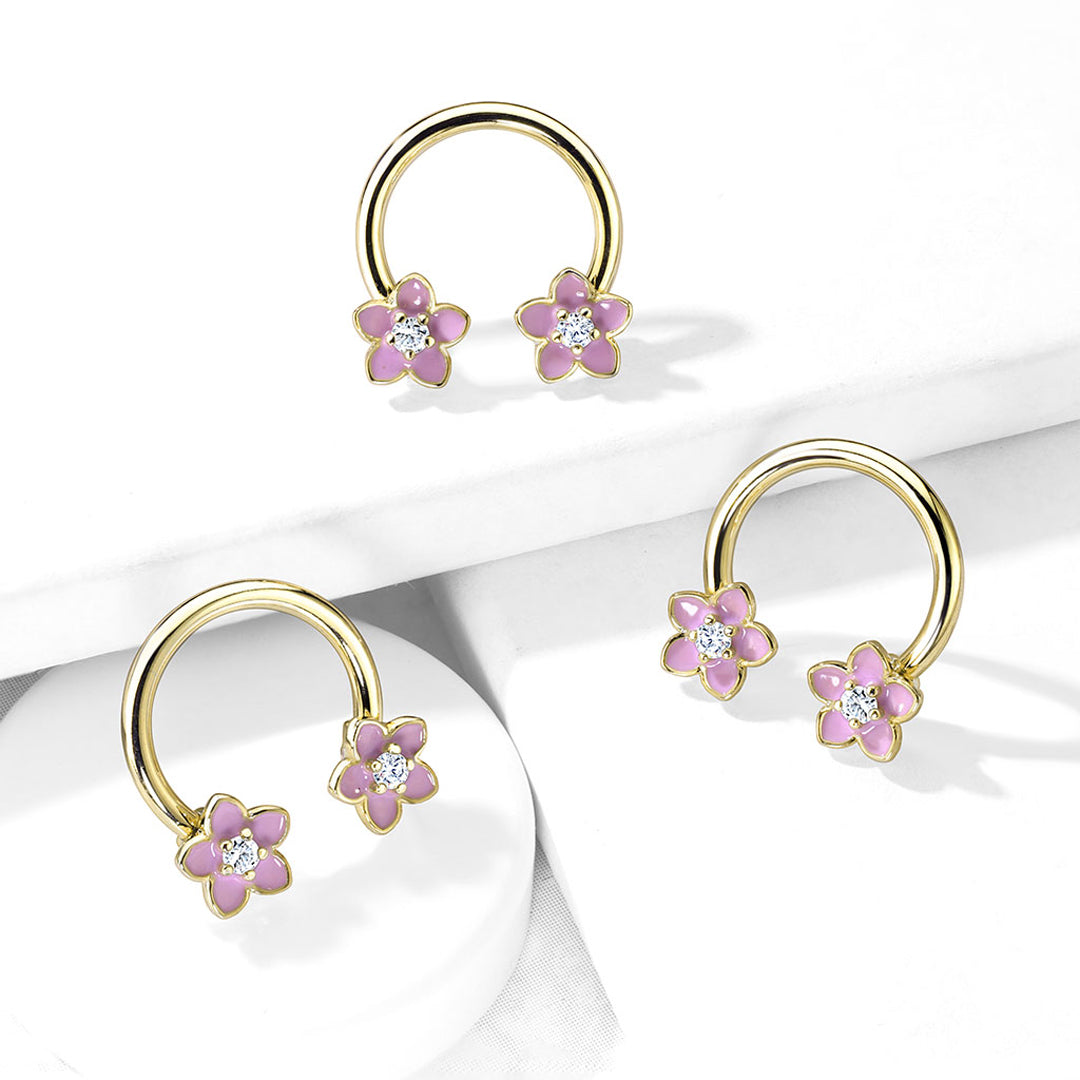 14g Pink Enamel Flower Nipple Horseshoe - Single - Gold