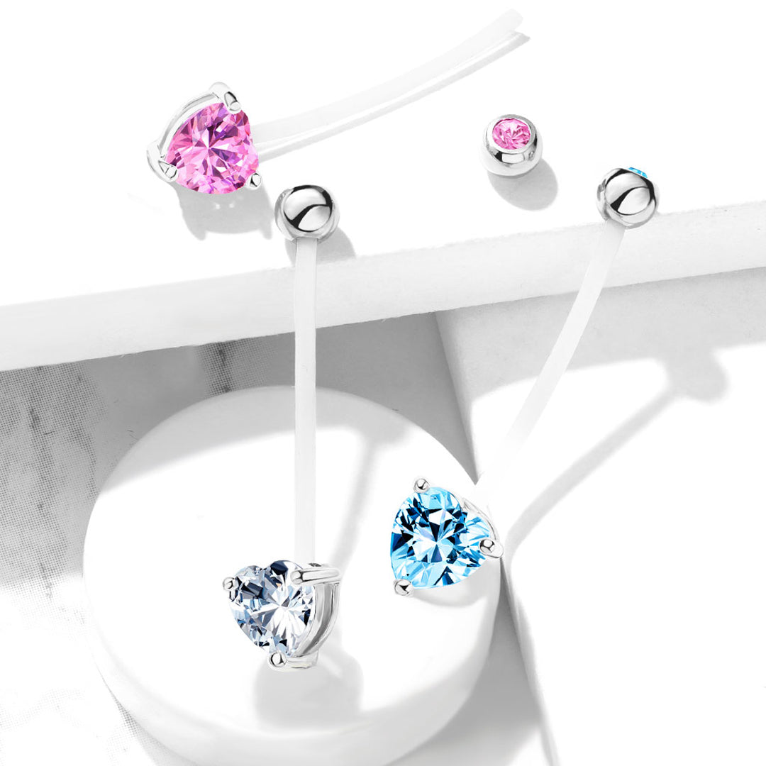 14g Prong Set Heart Bioflex Maternity Navel Ring - Pink