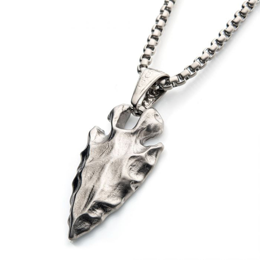 Brushed Steel Chiseled Arrowhead Pendant With Box Chain Necklace