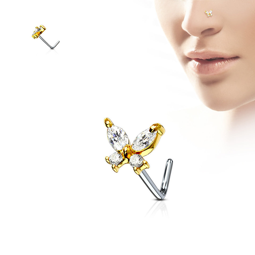 L-Bend 1/4" 20ga 316L Surgical Steel Butterfly Nose Stud - Clear & Gold