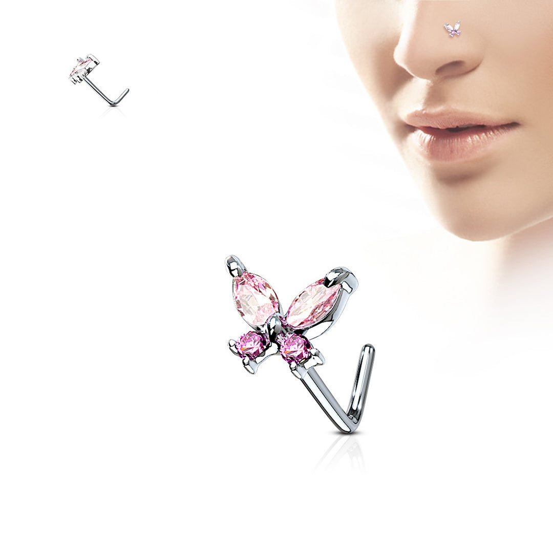 L-Bend 1/4" 20ga 316L Surgical Steel Butterfly Nose Stud - Pink