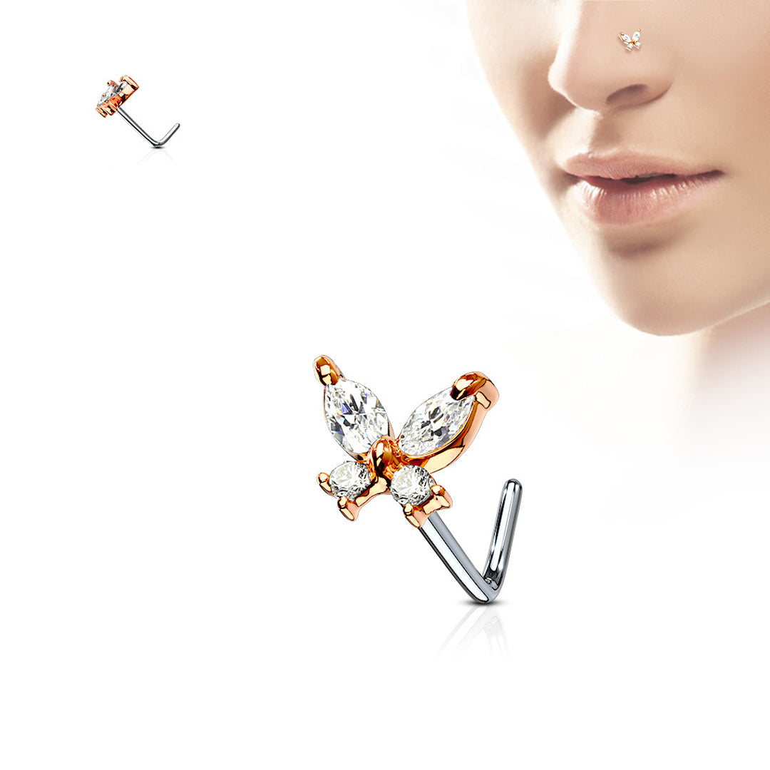 L-Bend 1/4" 20ga 316L Surgical Steel Butterfly Nose Stud - Clear & Rose Gold