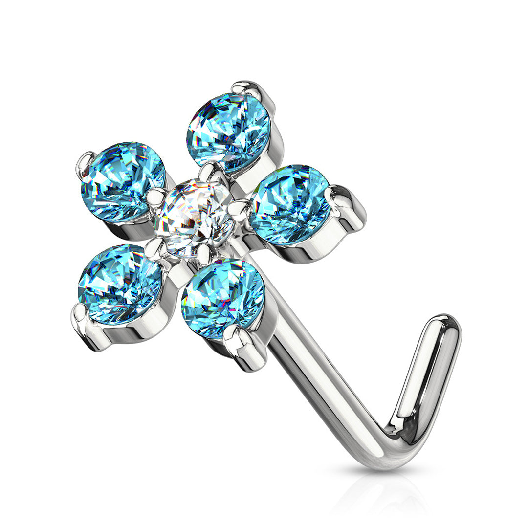 L-Bend 1/4" 20ga 316L Surgical Steel Flower Nose Stud - Blue