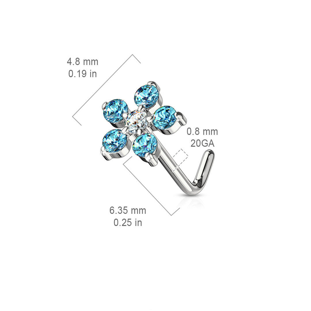 L-Bend 1/4" 20ga 316L Surgical Steel Flower Nose Stud - Blue