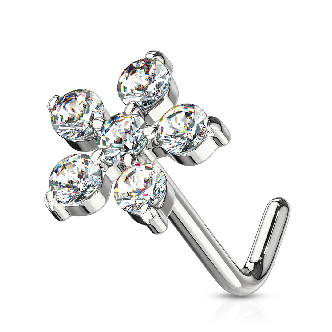 L-Bend 1/4" 20ga 316L Surgical Steel Flower Nose Stud - Clear