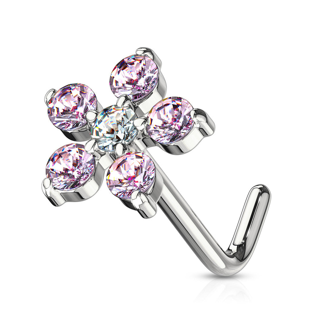L-Bend 1/4" 20ga 316L Surgical Steel Flower Nose Stud - Pink