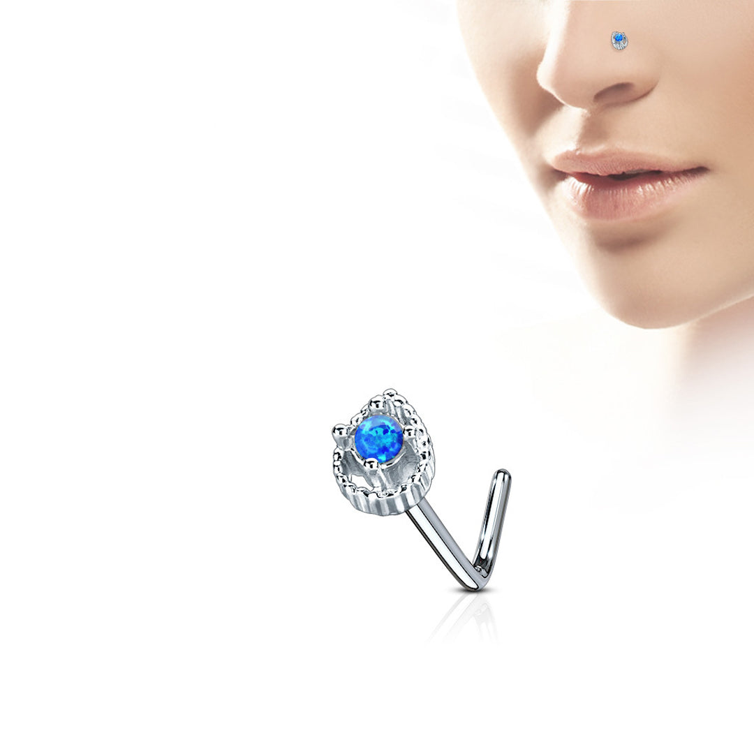 L-Bend 1/4" 20ga 316L Surgical Steel Opal Tear Drop Nose Stud - Blue