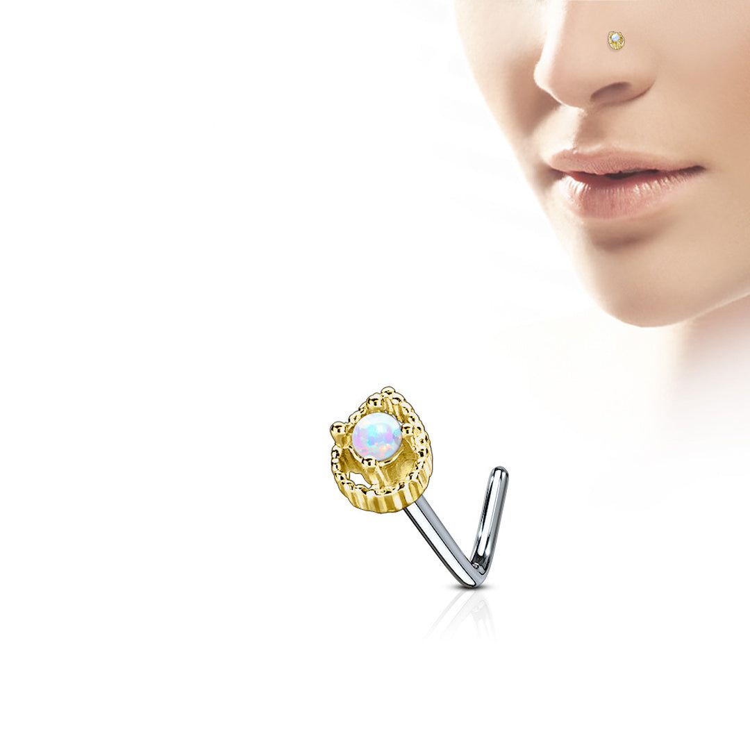 L-Bend 1/4" 20ga 316L Surgical Steel Opal Tear Drop Nose Stud - Gold