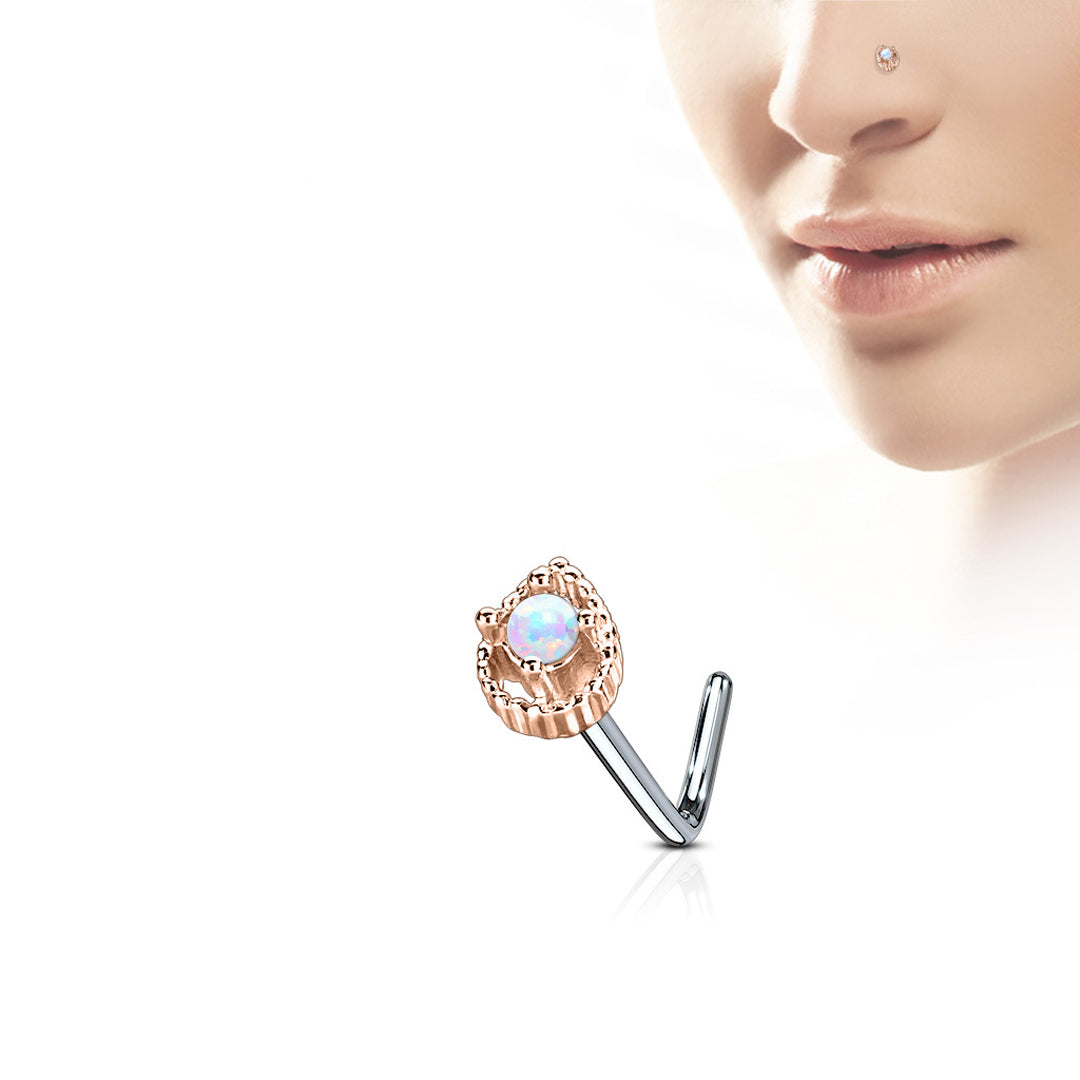L-Bend 1/4" 20ga 316L Surgical Steel Opal Tear Drop Nose Stud - Rose Gold
