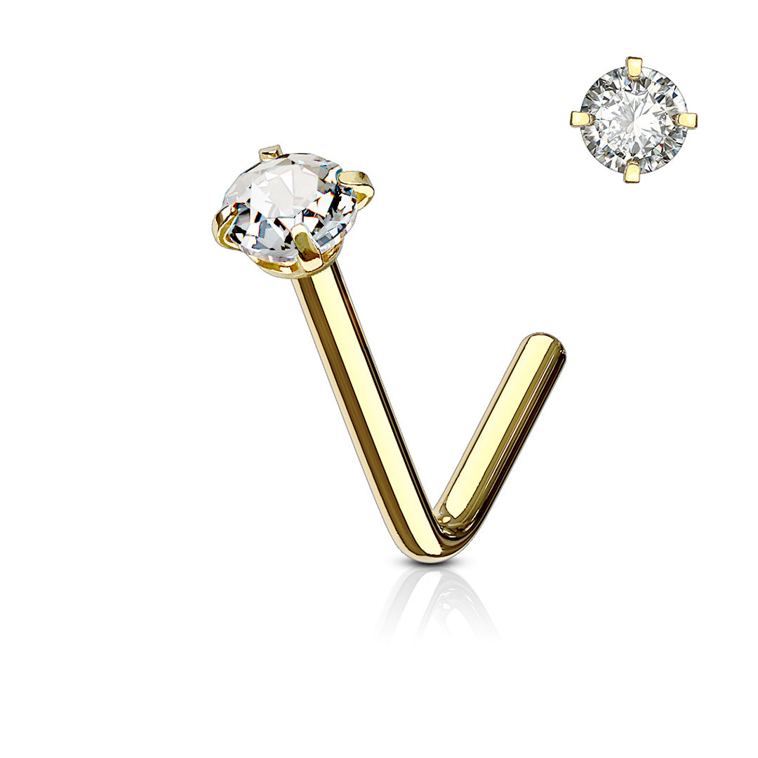 L-Bend 1/4" 20ga 316L Surgical Steel Prong Set Cubic Zirconia Nose Stud - Gold