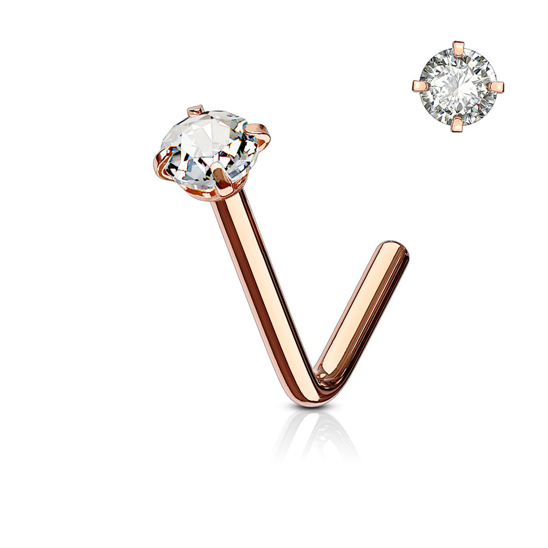 L-Bend 1/4" 20ga 316L Surgical Steel Prong Set Cubic Zirconia Nose Stud - Rose Gold