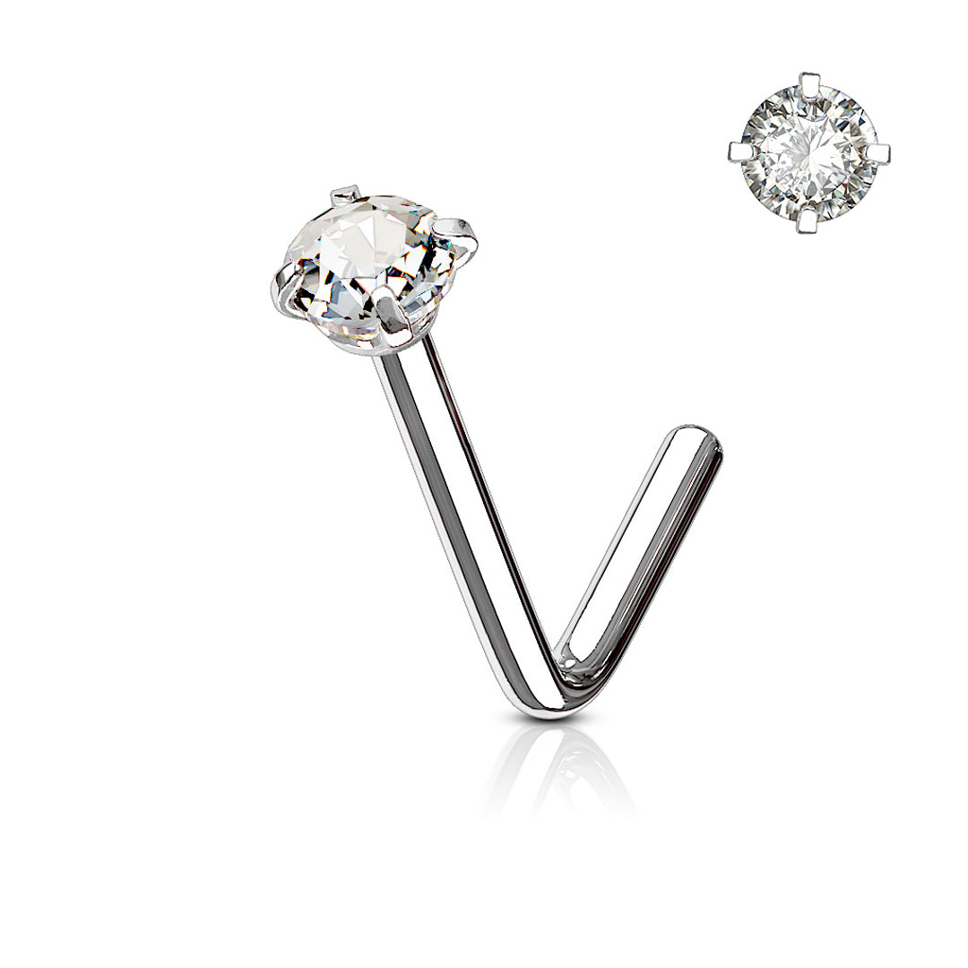 L-Bend 1/4" 20ga 316L Surgical Steel Prong Set Cubic Zirconia Nose Stud - Steel