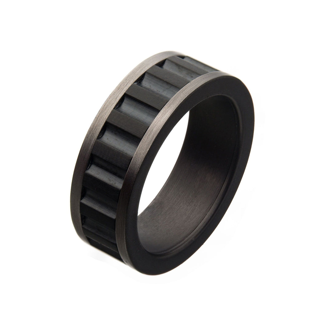 Stainless Steel & Gun Metal Black Ridge Spinner Ring