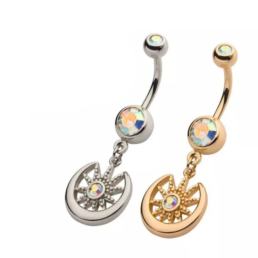 14g Aurora Borealis Moon & Sunburst Dangle Navel Ring