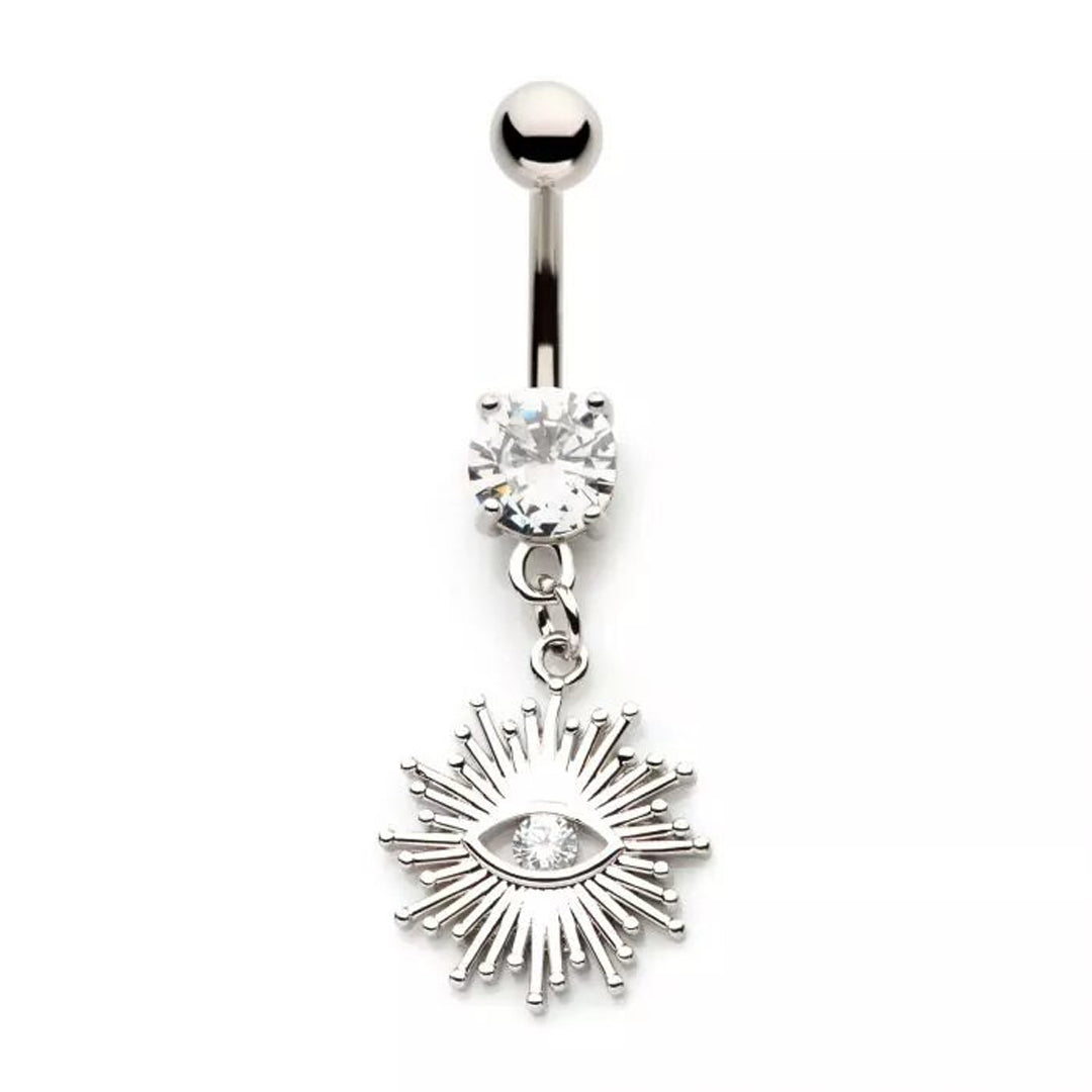 14g Bezel Set Evil Eye & Sunburst Dangle Navel Ring - Steel