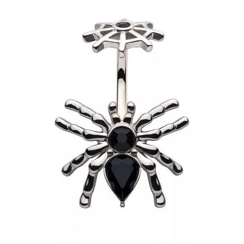14g Black Crystal Spider & Web Navel Ring - Steel
