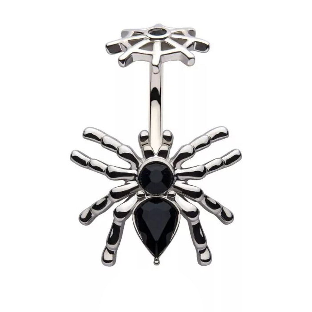 14g Black Crystal Spider & Web Navel Ring - Steel