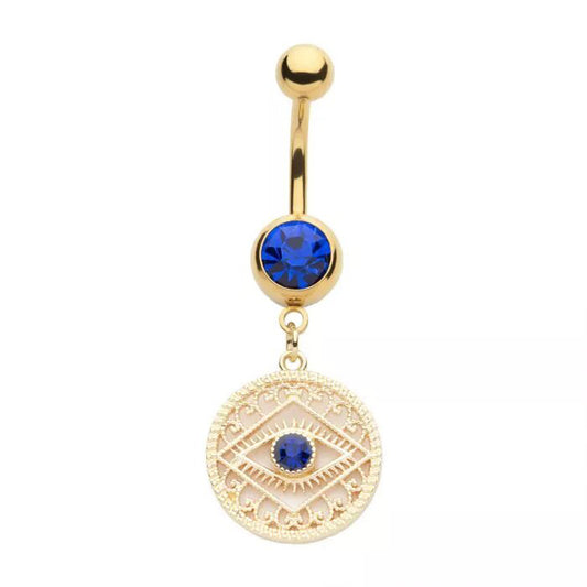 14g Blue Evil Eye Filigree Dangle Navel Ring - Gold