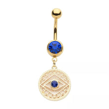 Load image into Gallery viewer, 14g Blue Evil Eye Filigree Dangle Navel Ring - Gold
