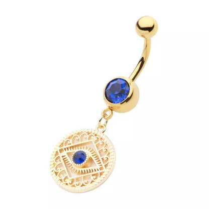 14g Blue Evil Eye Filigree Dangle Navel Ring - Gold