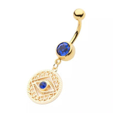 Load image into Gallery viewer, 14g Blue Evil Eye Filigree Dangle Navel Ring - Gold
