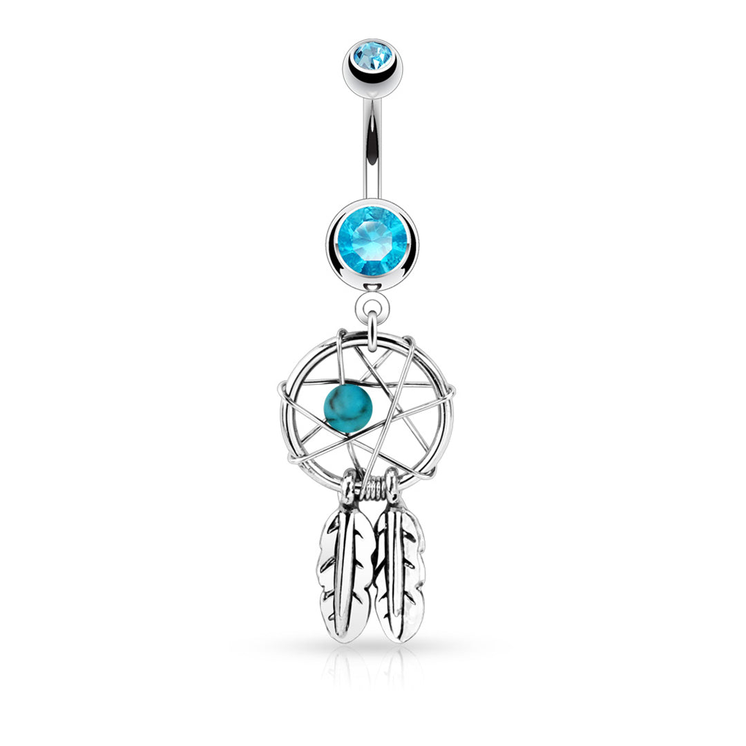 14g Dreamcatcher Woven Star & Feathers Navel Ring - Aqua