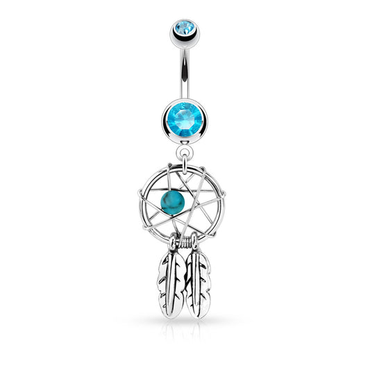 14g Dreamcatcher Woven Star & Feathers Navel Ring - Aqua