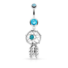 Load image into Gallery viewer, 14g Dreamcatcher Woven Star &amp; Feathers Navel Ring - Aqua
