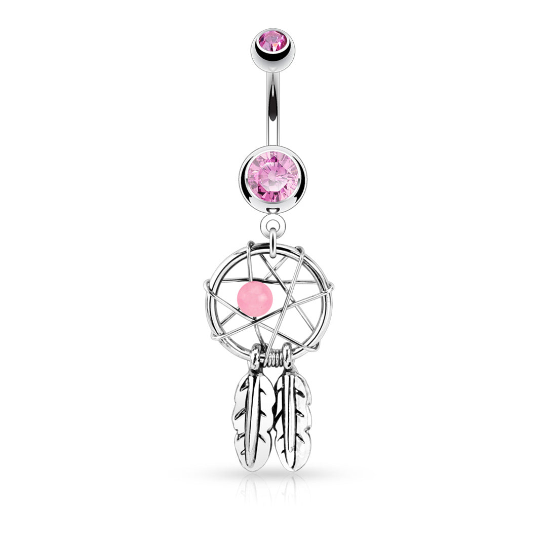 14g Dreamcatcher Woven Star & Feathers Navel Ring - Pink