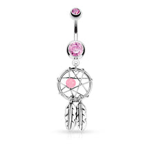 Load image into Gallery viewer, 14g Dreamcatcher Woven Star &amp; Feathers Navel Ring - Pink
