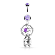 Load image into Gallery viewer, 14g Dreamcatcher Woven Star &amp; Feathers Navel Ring - Purple
