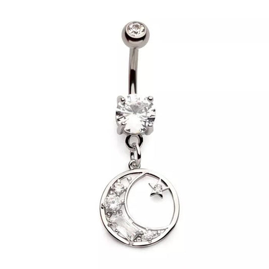 14g Moon & Star Dangle Navel Ring - Steel