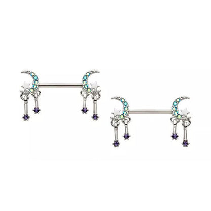 14g Multigem Moon & Star Dangle Nipple Barbell - Pair - Steel