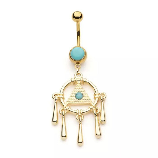 14g Pyramid & Turquoise Gemstone Dangle Navel Ring - Gold