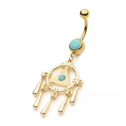 14g Pyramid & Turquoise Gemstone Dangle Navel Ring - Gold