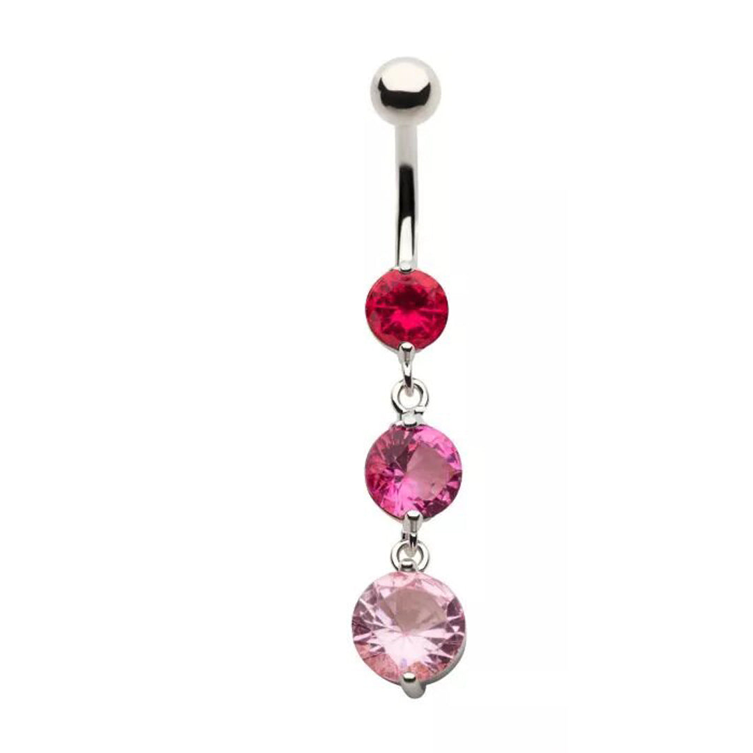 14g Triple Round Pink Tone Dangle Navel Ring - Steel