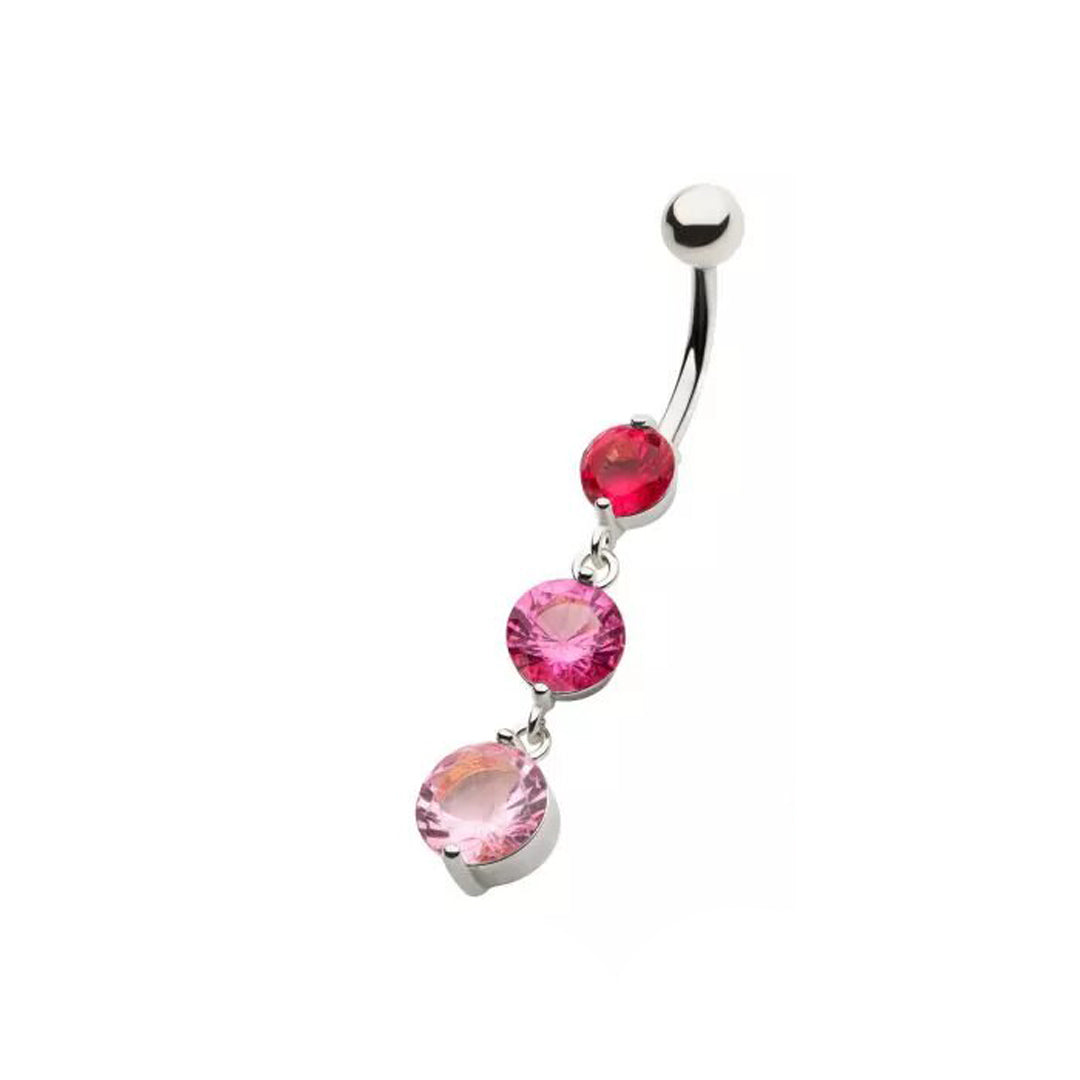 14g Triple Round Pink Tone Dangle Navel Ring - Steel