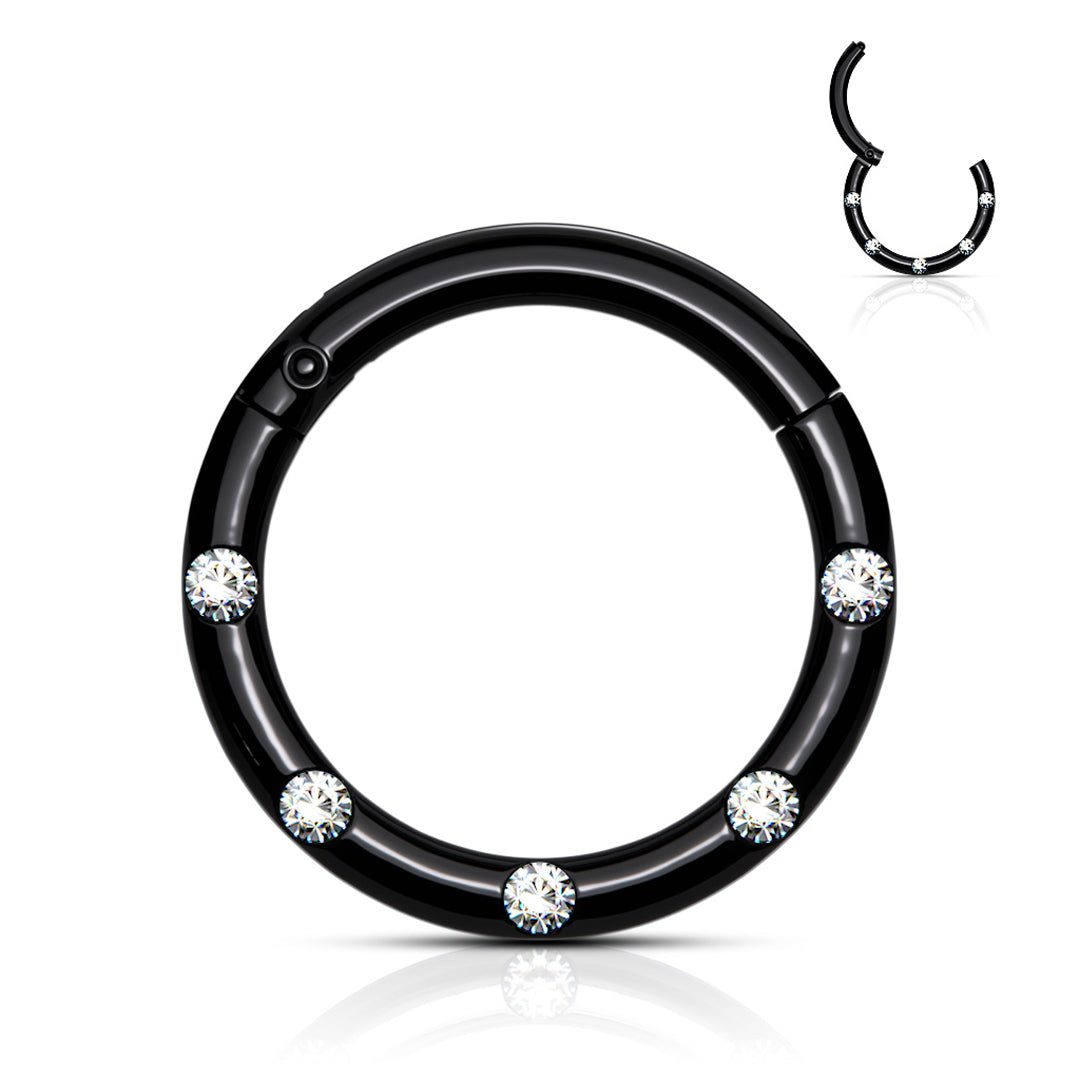 16g Crystal Set Hinged Hoop - Black