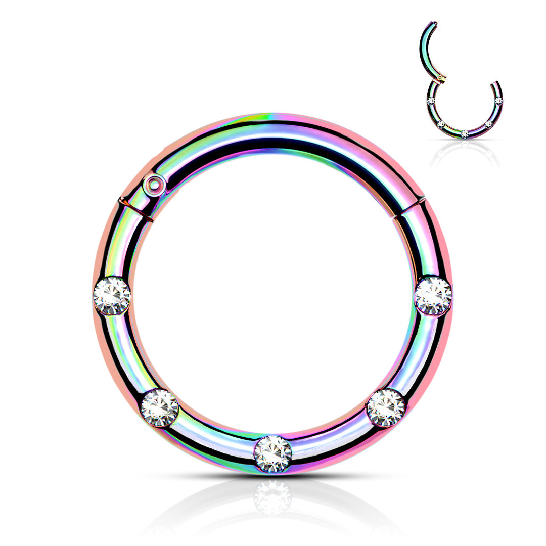 16g Crystal Set Hinged Hoop - Rainbow