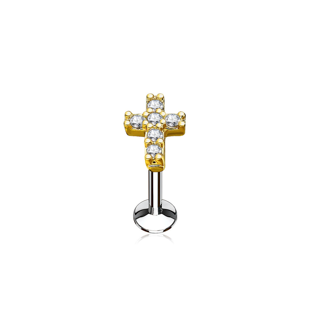 16g Cubic Zirconia Cross Top Cartilage Stud - Gold