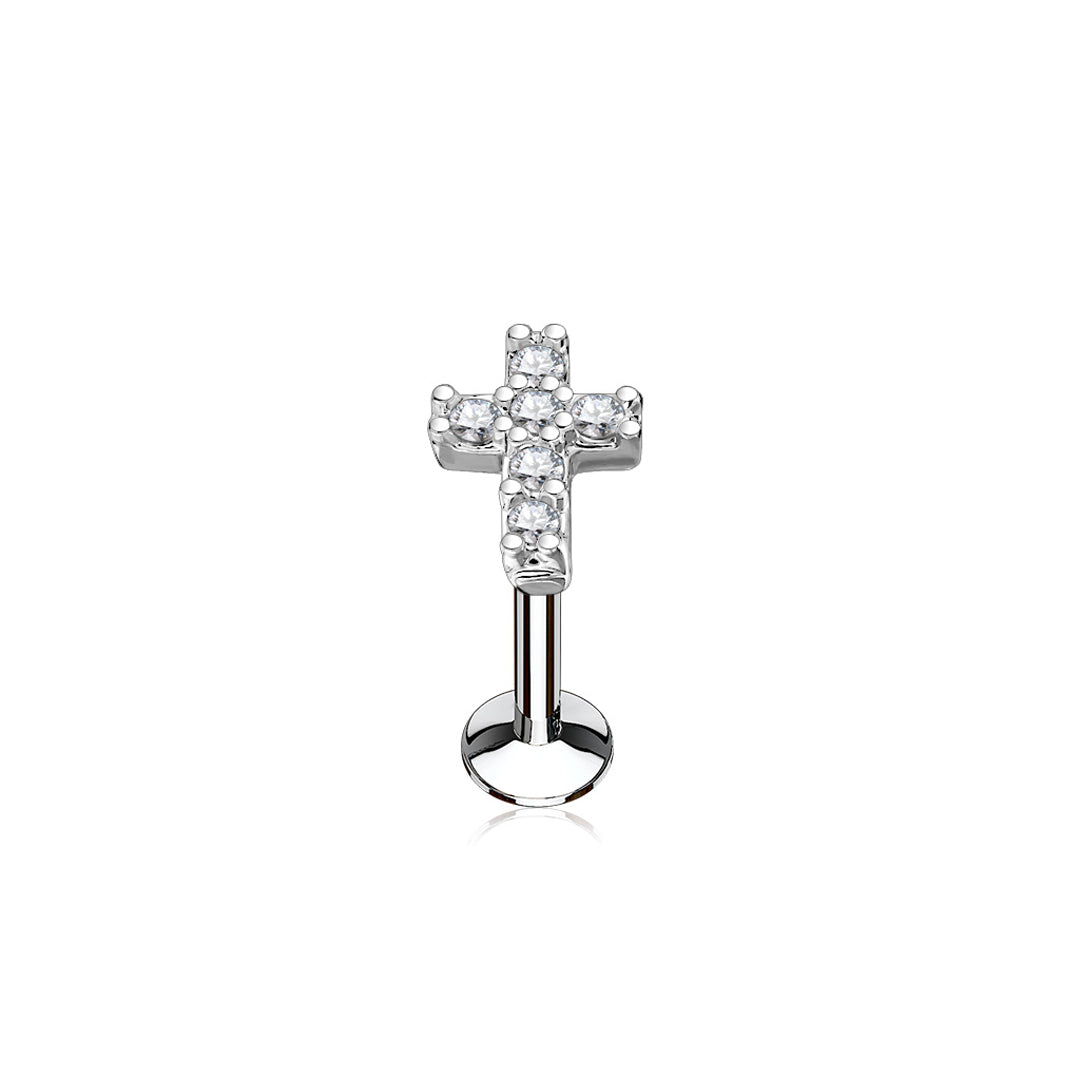 16g Cubic Zirconia Cross Top Cartilage Stud - Steel