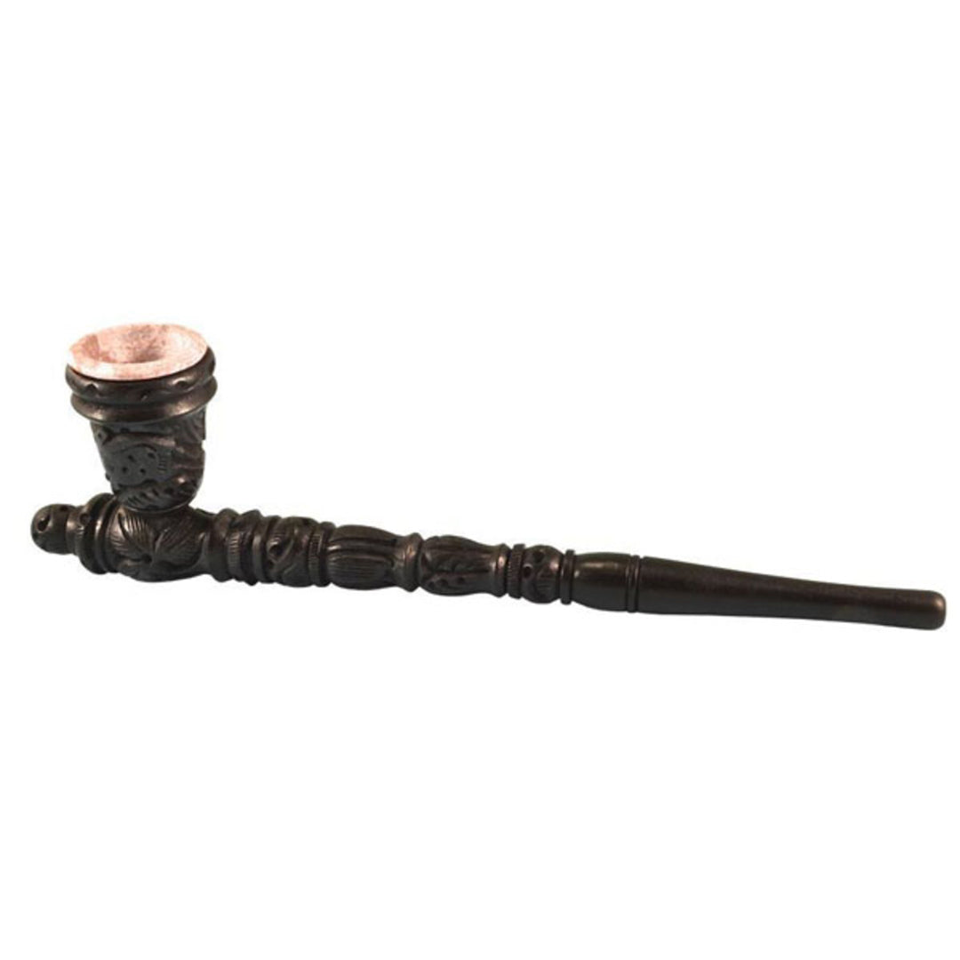 11" Carved Wood Pipe w/ Stone Bowl