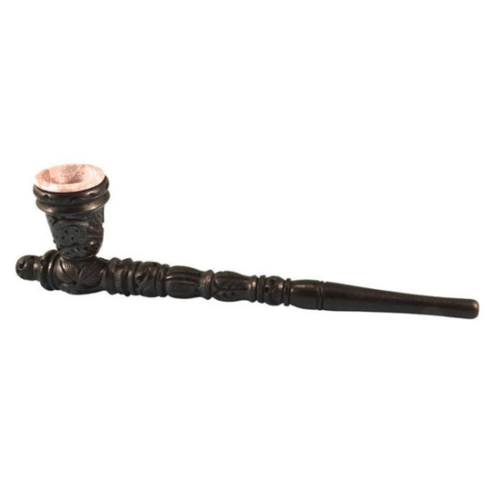 11" Carved Wood Pipe w/ Stone Bowl