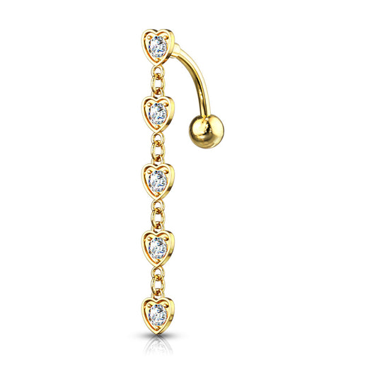 14g 5 Heart Drop Dangle Navel Ring - Gold