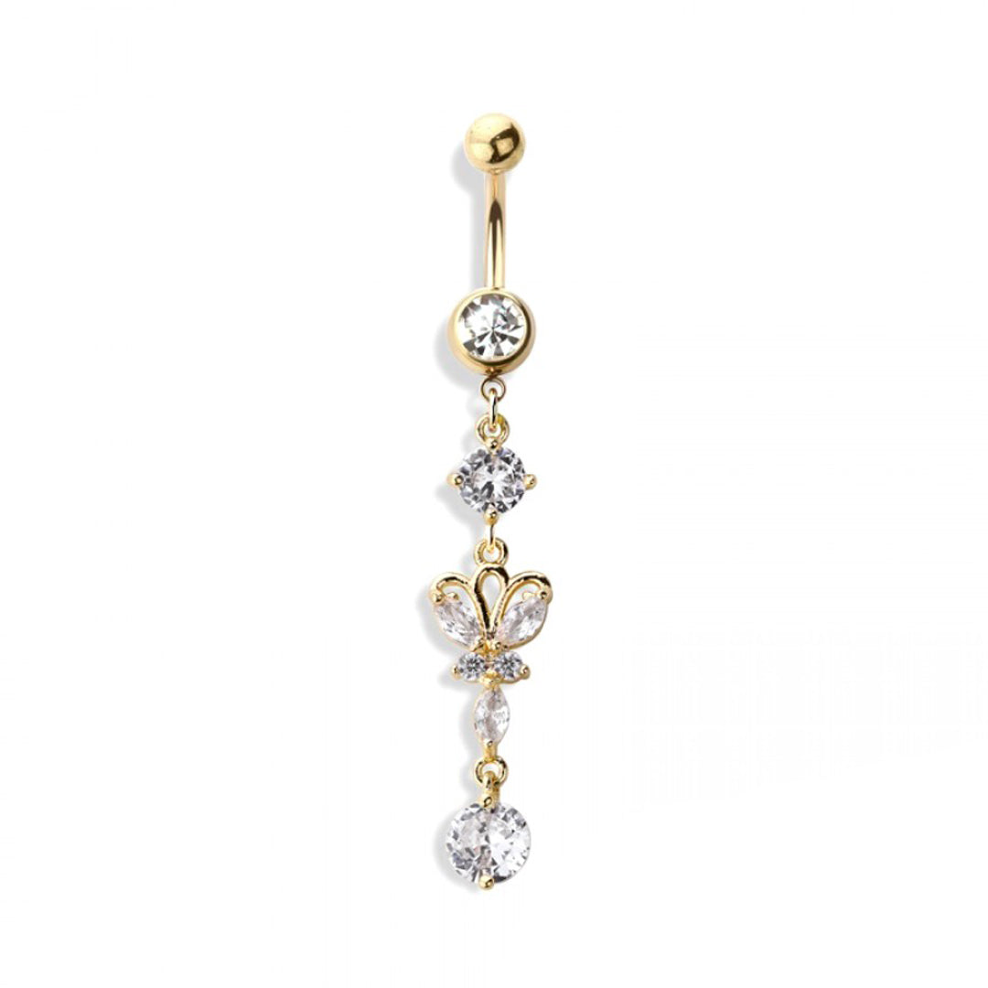 14g Butterfly Dangle & Round Gems Navel Ring - Gold