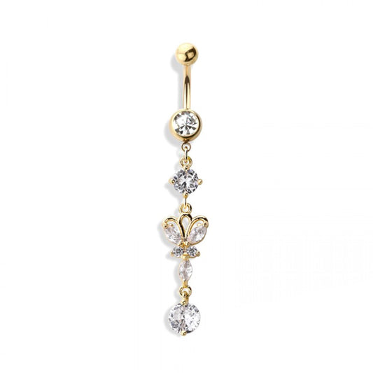 14g Butterfly Dangle & Round Gems Navel Ring - Gold